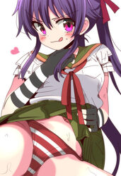 :q black_gloves blush ebisuzawa_kurumi eyebrows_visible_through_hair female fingerless_gloves gakkou_gurashi! gloves green_sailor_collar green_skirt heart long_hair looking_at_viewer navel panties purple_eyes purple_hair red_neckwear red_panties red_ribbon ribbon sailor_collar school_uniform schoolgirl simple_background sinakyo skirt solo striped striped_gloves striped_panties sweat tongue tongue_out twintails underwear white_background