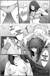 1girls 5koma about_to_pee ass bow bow_bra bow_panties bra bra_unclipped breasts cleavage clothes clothes_lift desperate desperation doujinshi english_text have_to_pee hypnosis kokomachi leaking long_hair navel need_to_pee nipples open_bra original pee_leak removing_bra removing_clothing removing_shirt shirt shirt_lift speech_bubble stained_panties underwear undone_bra undressing unfastened unhooked_bra wet wet_panties white_shirt