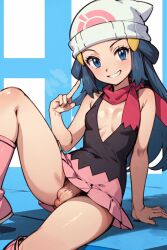 ai_generated ai_penis balls ballsack black_shirt blue_eyes blue_hair blush blushing_at_viewer breasts cleavage creatures_(company) dawn_(pokemon) female futa_only futanari game_freak gen_4_pokemon inner_sideboob leaning_back legs_spread long_hair looking_at_viewer nintendo no_bra no_panties penis penis_under_skirt pink_scarf plunging_neckline pointing_at_self pokemon pokemon_(anime) pokemon_dppt pussy scarf shirt skirt sleeveless small_breasts smile solo thighs white_headwear