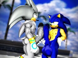 2boys anthro balls black_nose blue_body green_eyes grey_body hair half-closed_eyes hedgehog male male/male ne0kami nipples penis silver_the_hedgehog smile sonic_(series) sonic_the_hedgehog yaoi yellow_eyes