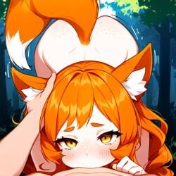 1boy 1girls ai_generated all_the_way_to_the_base balls_deep blowjob blush cute deep_throat deepthroat ear_scratch fellatio female fox_ears fox_girl fox_tail freckles ginger hand_on_another's_head long_hair medium_breasts motion_lines novelai oral oral_sex orange_hair original_character pale-skinned_female tailwag teenager top-down_bottom-up wavy_hair yellow_eyes young