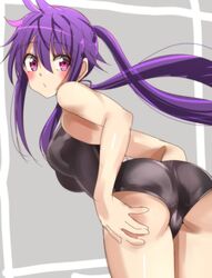 ass bent_over black_school_swimsuit blush breasts cowboy_shot ebisuzawa_kurumi eyebrows_visible_through_hair female floating floating_hair from_behind gakkou_gurashi! gray_background hair_between_eyes long_hair looking_at_viewer looking_back medium_breasts one-piece_swimsuit purple_eyes purple_hair school_swimsuit sidelocks sketch solo standing swimsuit twintails very_long_hair