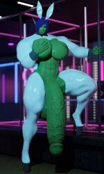 3d blue_eyes bunny_costume bunny_ears green_skin huge_breasts huge_cock hyper hyper_balls hyper_muscles hyper_penis hyper_testicles latex muscle muscles muscular muscular_futanari orc orc_(warcraft) orc_futanari purple_hair seline selinemukgrom warcraft