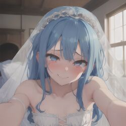 1girls ai_generated bare_shoulders blue_eyes blue_hair blush blush collarbone female flat_chest flat_chested happy joy looking_at_viewer small_breasts stable_diffusion tears tears_of_joy wedding_dress wedding_veil