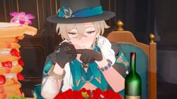 1boy 3d animated aventurine_(honkai:_star_rail) blonde_hair earrings gay glasses gloves hat honkai:_star_rail honkai_(series) jewelry kiryuma male male_only mp4 neck_tattoo no_sound solo suggestive suggestive_gesture tagme twink video wine_bottle yaoi