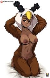 1girls animal_hoodie black_hair breasts breasts_out dark-skinned_female dark_skin hands_behind_head kyoffie lily_hawk mexican mexican_female nipples on_knees pajamas smiling solo street_fighter street_fighter_6 twintails