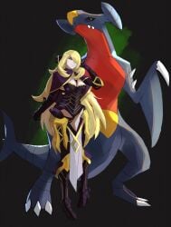 1girls alternate_costume armor bare_thighs black_panties blonde_hair breasts camilla_(fire_emblem) camilla_(fire_emblem)_(cosplay) cleavage crossover cynthia_(pokemon) female fire_emblem fire_emblem_fates garchomp hair_over_one_eye inner_thighs medium_breasts nintendo panties pokémon_(species) pokemon pokemon_(species) rodlanghi thighs underwear