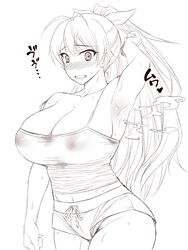 armpits blush fate/grand_order fate_(series) large_breasts monochrome namidame nipples_visible_through_clothing ponytail shorts steam sweat thick_thighs tomoe_gozen_(fate)