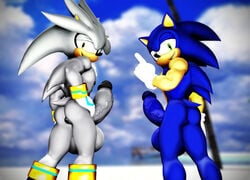 2boys anthro ass balls black_nose blue_body green_eyes grey_body hair half-closed_eyes hedgehog looking_at_viewer looking_back male male/male ne0kami nipples penis silver_the_hedgehog smile sonic_(series) sonic_the_hedgehog yaoi yellow_eyes