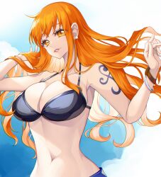 1girls bare_arms bare_shoulders big_breasts bra clothed clothing color crazy_otama female female_focus female_only hi_res large_breasts light-skinned_female light_skin long_hair looking_at_viewer nami nami_(one_piece) one_piece orange_eyes orange_hair post-timeskip shounen_jump solo solo_female tagme tattoo