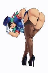 ass bent_over big_ass fishnet_stockings game_freak green_hair high_heels nintendo officer_jenny_(pokemon) pokemon police_uniform policewoman rabbitslides