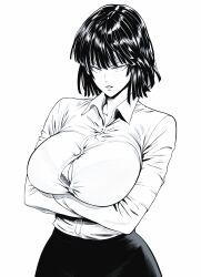 1girls arm_support big_breasts black_and_white clothed clothing fat_breasts female female_focus female_only fubuki_(one-punch_man) hi_res large_breasts looking_at_viewer mostlybluewyatt office_lady one-punch_man popped_button short_hair solo solo_female tagme