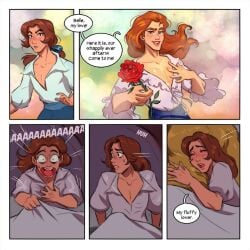 2boys anthro beast beast_(disney) beauty_and_the_beast beauty_and_the_beast_(1991_film) bed belle belle_(beauty_and_the_beast) blue_eyes brown_fur brown_hair clothed clothed_male comic comic_page dialogue disney disney_princess dream fairy_tales fairybend genderswap_(ftm) hair_bow hairless_chest human_male human_male_on_anthro in_bed light-skinned_male light_brown_hair long_hair male male_only monster_on_femboy nightmare open_shirt ponytail public_domain ripushko rose rule_63 sleeping wavy_hair white_shirt yaoi