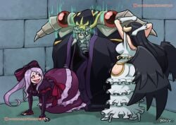 1boy 2026 2girls ainz_ooal_gown albedo_(overlord) all_fours arms_behind_head artist_name ass back back_view big_ass black_hair blush brachyzoid breasts clothed clothing color colored digital_media_(artwork) female ffm full_body fully_clothed hair hi_res horns huge_ass long_hair male male/female overlord_(maruyama) patreon_username purple_hair red_eyes reference reference_image shalltear_bloodfallen skeleton smithers_scared_of_strippers wings