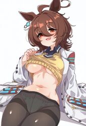 agnes_tachyon_(umamusume) ahoge ai_generated animal_ears brown_hair female horse_girl panties_visible_through_clothing red_eyes umamusume umamusume_pretty_derby underboob