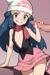 ai_generated black_shirt blue_eyes blue_hair blush blushing_at_viewer breasts cleavage creatures_(company) dawn_(pokemon) female game_freak gen_4_pokemon grabbing_penis hand_on_penis inner_sideboob long_hair looking_at_viewer nintendo no_bra no_panties pink_scarf plunging_neckline pokemon pokemon_(anime) pokemon_dppt pussy scarf shirt skirt sleeveless small_breasts smile thighs white_headwear