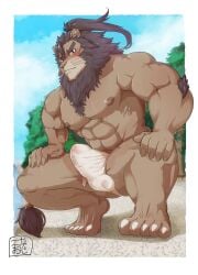 1boy abs absurd_res anthro asian_clothing blush brown_body brown_fur clothed clothing connersublow crouching east_asian_clothing erection erection_under_clothing felid fundoshi fur hi_res japanese_clothing lifewonders lion live_a_hero male male_only mammal mane muscular muscular_anthro nipples pantherine pecs solo toshu underwear