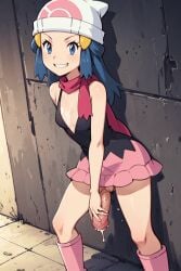 ai_generated black_shirt blue_eyes blue_hair blush blushing_at_viewer breasts cleavage creatures_(company) dawn_(pokemon) dripping_cum erect_penis erection female futa_only futanari game_freak gen_4_pokemon hand_on_own_penis hand_on_penis inner_sideboob long_hair looking_at_viewer masturbation nintendo no_bra no_panties penis penis_under_skirt pink_scarf plunging_neckline pokemon pokemon_(anime) pokemon_dppt pussy scarf semen shirt skirt sleeveless small_breasts smile thighs white_headwear