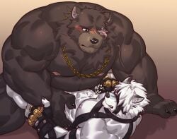 2boys abs animal_ears annoyed anthro bara bear_boy bear_ears belly ben_(zenless_zone_zero) ben_bigger black_gloves blush canid canine canis chain_necklace claws clenched_teeth english_commentary eyepatch fat fingerless_gloves fur furry furry_male gay gloves harness highres istani jewelry looking_at_another male/male male_focus male_only mammal multiple_boys muscular muscular_male muzzle necklace nipples nude one-eyed one_eye_covered paid_reward_available pectorals red_eyes scar scar_across_eye scar_on_face teeth von_lycaon white_body white_fur wolf wolf_boy wolf_ears yaoi zenless_zone_zero