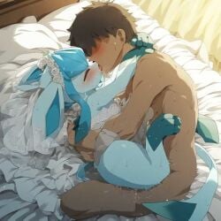 1:1 ai_generated bed blush eeveelution embrace eyes_closed eyes_covered female female_penetrated feral glaceon hug hugging human interspecies keetoaiillust kissing making_out male male/female male_on_feral male_penetrating male_penetrating_female married_to_feral pokémon_(species) pokemon pokemon_(species) pokemon_focus pokephilia saliva sex wedding_dress white_bed_sheet zoophilia