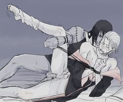 2boys akatsuki_(naruto) anal anal_penetration anal_sex bare_shoulders black_hair bottomless cloak closed_eyes clothing erection eyes_closed gay half-dressed hidan holding_leg improvised_bondage kakuzu legs_held_open long_hair lying male male/male male_only male_penetrating moaning naruto naruto_(series) naruto_shippuden necklace on_side one_leg_up penetration penis penis_under_clothes scars sex silver_hair spooning spread_legs stitches strings sweat sweatdrop testicles tied_hands toeless_socks yaoi