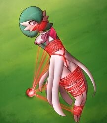 anthro bondage bound_arms bound_legs captured crotch_rope female gag gagged gardevoir negieggy pink_bow pokeball pokemon pokemon_(species) pokemon_rse rope rope_bondage solo_female sweatdrop worried