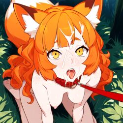 1girls ai_generated cum_on_face cum_on_hair female_focus female_only fox_ears fox_girl fox_tail freckles leash leash_pull long_hair medium_breasts novelai open_mouth orange_hair original_character sole_female viewer_holding_leash wavy_hair yellow_eyes