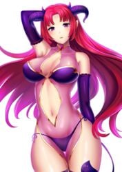 arm_behind_head bare_shoulders bikini blush cleavage demon_girl demon_horns demon_tail female_focus highres horns large_breasts long_hair looking_at_viewer navel open_mouth original purple_eyes red_hair see-through smile solo tail wide_hips xuahannin