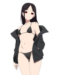 1girls absurd_res absurdres accurate_art_style bare_arms bare_legs bare_midriff bare_shoulders bare_thighs belly belly_bulge belly_button black_bikini black_hair black_jacket black_swimsuit black_swimwear breasts collarbone coro_fae female female_focus female_only fingers forehead groin hand_in_pocket high_resolution highres jacket kaguya-sama_wa_kokurasetai_~tensai-tachi_no_renai_zunousen~ legs light_skin long_hair navel nude off_shoulder official_style petite petite_body petite_breasts petite_female petite_girl red_eyes schoolgirl shinomiya_kaguya sidelocks simple_background simple_shading slender_waist slim_waist solo standing straight_hair string_bikini student swimwear teenager thick_thighs thighs thin_waist v-line white_background