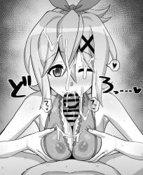 1boy akatsuki_kirika bar_censor bow breasts censored covered_nipples cross_hair_ornament cum cum_on_body cum_on_breasts facial fellatio female grabbing_own_breast greyscale hair_between_eyes hair_ornament hairbow highres inai_uchi lingerie medium_breasts medium_hair monochrome nipples one_eye_closed oral paizuri penis pov see-through_clothes senki_zesshou_symphogear straight underwear