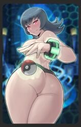 absurdres alternate_breast_size artsheops ass back backlighting big_ass blush breasts female heart-shaped_pupils highres large_breasts light_blush pokemon pokemon_masters_ex red_eyes sabrina_(pokemon) smile solo symbol-shaped_pupils telekinesis