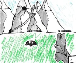 anthro black_body cave_opening laser_wolf male mountain rain_world sky slugcat solo tattoo tree_stump videocult