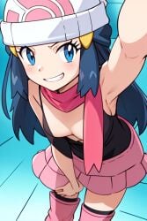 ai_generated armpits black_shirt blue_eyes blue_hair blush blushing_at_viewer breasts cleavage creatures_(company) dawn_(pokemon) down_blouse female game_freak gen_4_pokemon hand_on_thigh inner_sideboob long_hair looking_at_viewer nintendo no_bra no_panties pink_scarf plunging_neckline pokemon pokemon_(anime) pokemon_dppt scarf shirt skirt sleeveless small_breasts smile thighs white_headwear