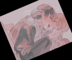 2boys black_hair blush breath brown_hair drooling embrace french_kiss gay gintama hand_on_another's_head hijikata_toshiro implied_sex kissing light_brown_hair looking_at_viewer male male_only no_c_hani(13). okita_sougo open_mouth sweat tongue_out twink yaoi