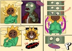 breasts breasts_out colored comic joke plant plant_girl plantie plants_vs_zombies pvz senior_p showing_breasts sunflower_(pvz) surprised zombie zombie_(pvz)