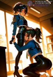 2girls after_fellatio ai_generated ass barefoot belt black_belt black_footwear black_gloves black_hair black_pants blue_jacket blush boots breasts closed_eyes collared_shirt cropped_jacket cuffs cum cum_in_mouth cum_on_tongue cum_overflow deepthroat dual_persona feet fellatio from_below futa_with_female futanari gloves green_necktie hair_between_eyes hand_on_another's_head handcuffs high_heel_boots high_heels holding_another's_wrist holster indoors intersex irrumatio jacket kneeling large_breasts leather_pants long_hair long_sleeves looking_down meitabuu multicolored_hair multiple_girls necktie open_mouth oral pants police ponytail pussy pussy_juice_drip_through_clothes red_eyes red_hair saliva selfcest shirt soles standing streaked_hair sweat tagme thigh_holster thigh_strap tight_clothes tight_pants tiptoes toes uniform white_shirt yuri zenless_zone_zero zhu_yuan