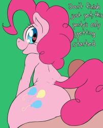 2020 ass blue_eyes buttjob english_text female female_focus four-pundo friendship_is_magic green_background hasbro heart-shaped_pupils human long_hair looking_at_viewer looking_back male my_little_pony penis pink_body pink_hair pinkie_pie_(mlp) pony text wide_hips zoophilia