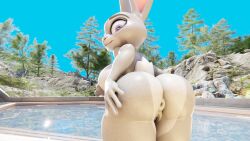 3d 3d_(artwork) anthro anus areolae azul_uwu big_breasts big_butt blender_(software) disney female grey_body grey_fur hand_on_butt judy_hopps nipples outside pool presenting_hindquarters puffy_anus puffy_nipples puffy_pussy purple_eyes pussy zootopia