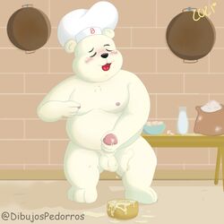 balls bimbo_(bakery) bimbo_bear bimbo_bread blush bodily_fluids bread chef_hat closed_eyes clothing cum detailed_background dibujospedorros erection food fur genital_fluids genitals grupo_bimbo hat headgear headwear hi_res inside kitchen male male_only mammal masturbation moobs nipples overweight overweight_male penis polar_bear solo ursid ursine white_body white_fur