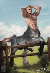 1boy abs animal_genitalia animal_penis artist_name balls blonde_hair centaur cloud equid equid_taur equine_genitalia equine_penis erection fence flower genital_piercing genitals grass hair hands_behind_head hi_res humanoid_pointy_ears humanoid_taur long_hair looking_at_viewer male male_centaur male_only mammal mammal_taur meadow nipple_piercing nipples nolifeedi nude penis penis_piercing piercing plant prince_albert_piercing sky solo straw_in_mouth taur