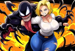 1boy 1girls ai_generated android_18 breasts captured captured_heroine crossover defeated defeated_heroine dragon_ball dragon_ball_z female imminent_rape imminent_sex large_breasts male marvel marvel_comics novelai thick_thighs torn_clothes venom venom_(marvel) white_shirt
