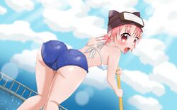 absurdres ass bikini blue_bottomwear blushing cameltoe denim_shorts female female_only gakkou_gurashi! guard_rail hat highres kneepits legs looking_at_viewer looking_back outdoors pink_hair rear_view red_eyes shiny_skin shorts solo solo_female tagme takeya_yuki tomboy