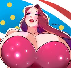 1girls alternate_version_available artist_name artist_request big_breasts blue_eyes cleavage dress eyeshadow female female_only huge_breasts jessica_rabbit large_breasts lipstick red_hair solo solo_female tunastark