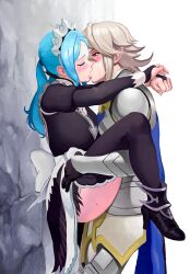 1boy 1girls armor arms_around_neck bare_thighs black_dress black_footwear black_thighhighs blonde_hair blue_cape blue_eyes blue_hair bridal_gauntlets cape closed_eyes clothed_sex corrin_(fire_emblem) corrin_(fire_emblem)_(male) corrin_(male)_(fire_emblem) dress female fire_emblem fire_emblem_fates flora_(fire_emblem) from_side heart high_heels highres inner_thighs kissing large_breasts long_hair long_sleeves maid maid_headdress male master_and_servant motion_lines nintendo panties panties_around_one_ankle panty_pull pointy_ears ponytail prince profile red_eyes royalty sex standing straight sweat thighhighs thighs underwear upright_straddle wazu-san