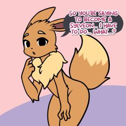 ambiguous_gender anthro black_eyes brown_body brown_fur cute_expression cute_pose dialogue eevee eeveelution fluffy fluffy_tail fur generation_1_pokemon group hi_res imminent_vore long_ears looking_at_viewer neck_tuft nintendo pokemon pokemon_(species) pompuffy_(artist) raised_tail sequence speech_bubble tail text tuft vore weight_gain weight_gain_drive