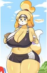 animal_crossing anthro background belly belly_button big_breasts blue_sky blush blush_lines blushing_at_viewer cameltoe canine carrying_object cleavage cute fit fit_female grimace_shake headband headgear headwear isabelle_(animal_crossing) large_breasts looking_at_viewer mcdonald's nervous pussy sideboob sports_bra sports_shorts sportswear startop stomach surprised sweat sweatdrop sweating sweaty_body sweaty_breasts sweaty_thighs tail text text_bubble thick_thighs thighs tight_clothing visible_pussy wide_hips yellow_fur