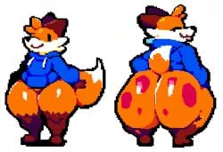 ai_generated anthro ass big_butt bottomless clothed clothing fox hellsonger hi_res hoodie huge_butt huge_thighs hyper_butt male mammal orange_body pixel_(artwork) short_stack simple_background smile solo soups_(superiorfox) thick_thighs topwear wide_hips