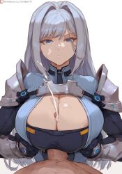 ai_generated cleavage_cutout cum cumshot cutesexyrobutts_(style) ethel_(xenoblade) long_hair paizuri paizuri_under_clothes projectile_cum seductive seductive_look seductive_smile silver_hair xenoblade_(series) xenoblade_chronicles_3