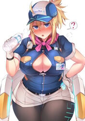 1girls ahoge baseball_cap blonde_hair blush chubby cleavage cowboy_shot fate/grand_order fate_(series) gloves hand_on_hip large_breasts muyoshito mysterious_heroine_xx_(foreigner) ponytail shorts solo straining_buttons thick thick_thighs water_bottle wide_hips