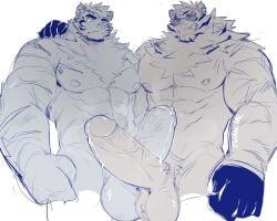 2boys animal_ears arknights bara chest_tuft completely_nude crossover dislyte erection foreskin furry furry_male furry_with_furry gay grin hand_on_another's_shoulder highres huge_cock iwano_kal jin_qiu_(ru_shou)_(dislyte) large_hands large_testicles male_focus male_only monochrome mountain_(arknights) multiple_boys neck_fur nude pectoral_docking pectoral_press penis penises_touching precum precum_drip scar scar_across_eye side-by-side smile sunglasses tail testicles tiger_boy tiger_ears tiger_tail trait_connection uncensored unfinished yaoi